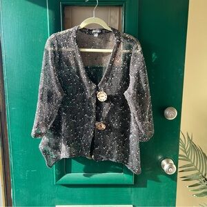 Nina Leonard Black Open-Weave with cream stitching throughout Knit Cardigan XL